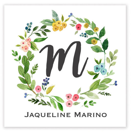 White Bud Wreath Initial Square Gift Stickers